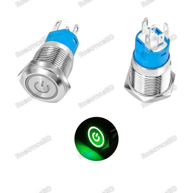Metal Power Self-Locking Switch with Green - 16mm Latching Robotics Bangladesh