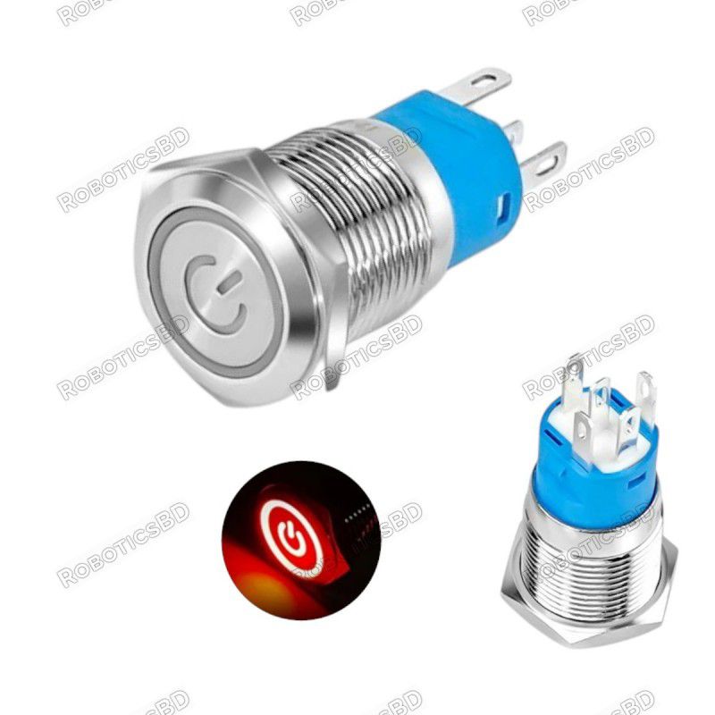 Metal Power Pushbutton with Red LED Ring - 16mm Momentary Robotics Bangladesh