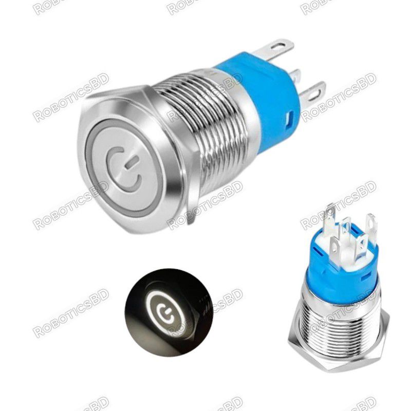 Metal Power Pushbutton with White LED Ring - 16mm Momentary Robotics Bangladesh