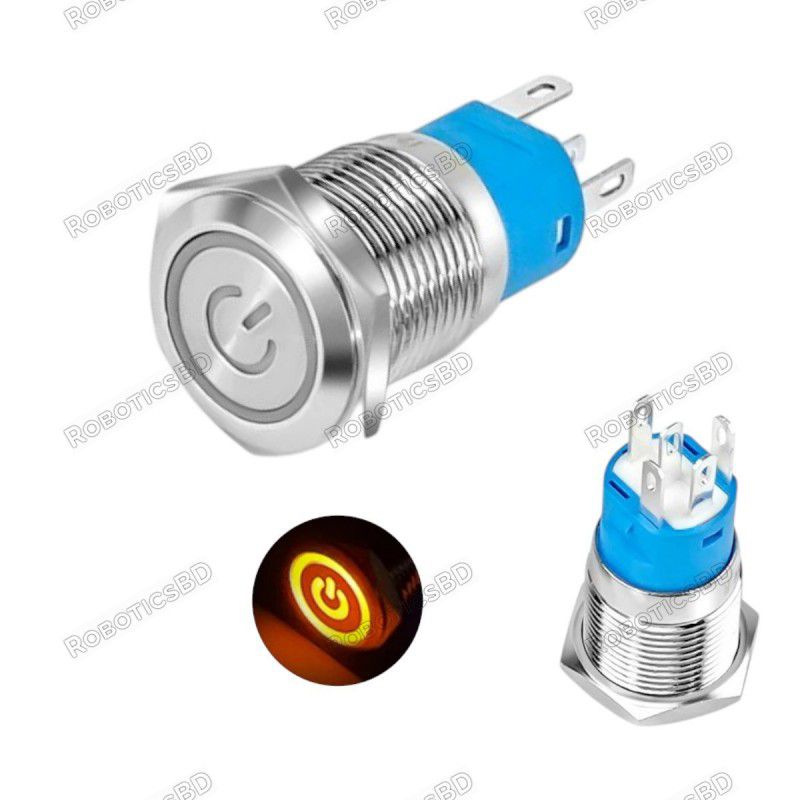 Metal Power Pushbutton with Orange LED Ring - 16mm Momentary Robotics Bangladesh