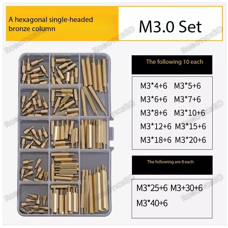 M3 Brass Hex Standoff Spacer Kit – Single Head, Assorted Lengths 124Pcs Robotics Bangladesh