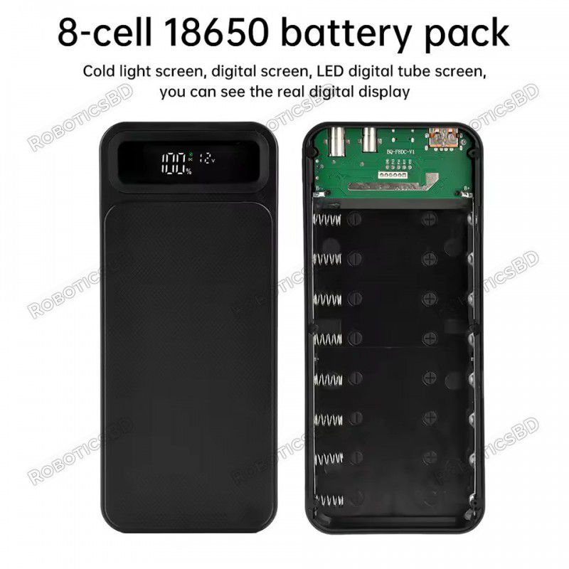 Power Bank Battery Case 18650 X 8 with dual USB outputs and LCD display by RoboticsBD Power Bank Battery Case 18650 X 8 with dual USB outputs and LCD display by RoboticsBD