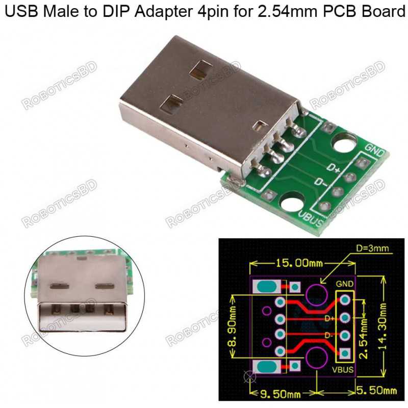 USB Type A Male to Breadboard & PCB 2.54mm DIP 4P Adapter Robotics Bangladesh