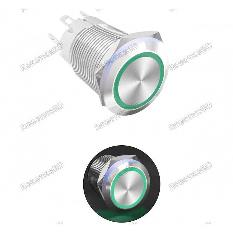 Metal Pushbutton with Green LED Ring - 16mm Momentary Robotics Bangladesh