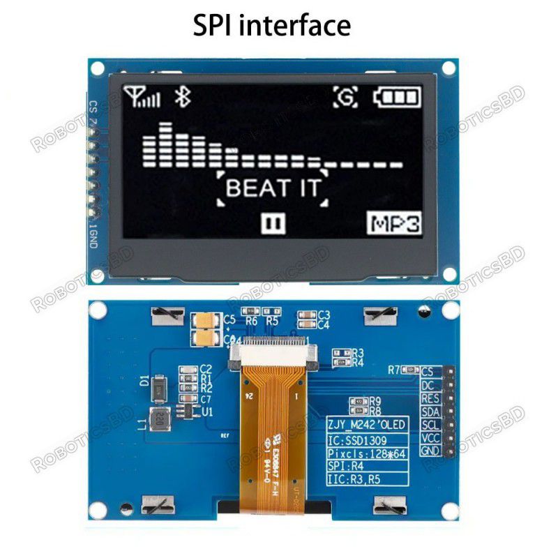 2.42 inch OLED Screen LCD Display Module 128x64 SSD1309 SPI 7Pin White Robotics Bangladesh